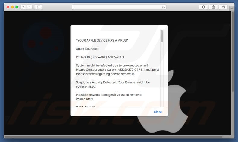 fraude YOUR APPLE DEVICE HAS A VIRUS