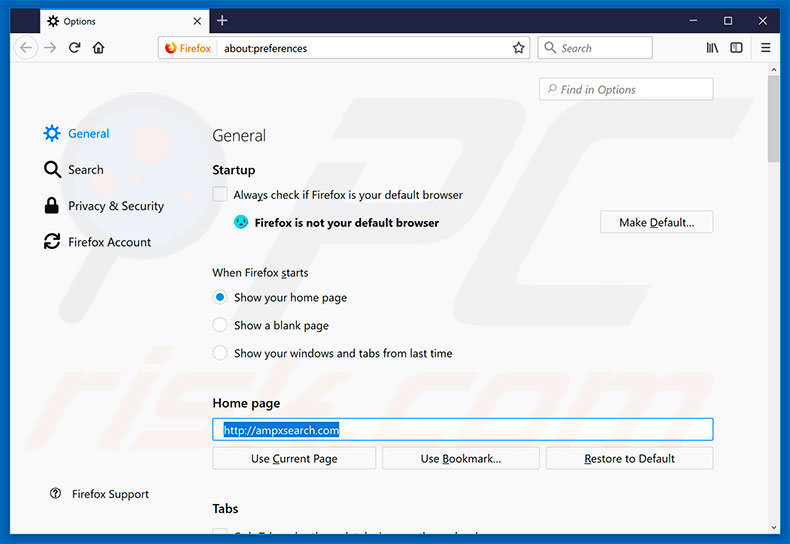 Removendo a página inicial ampxsearch.com do Mozilla Firefox