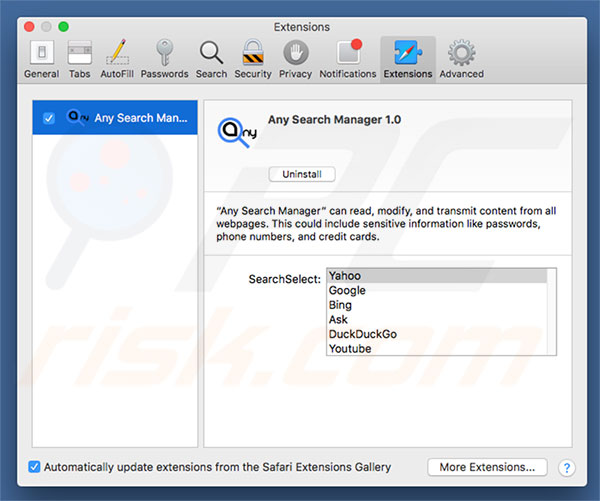 Extensões do sequestrador de navegador Any Search Manager do Mac