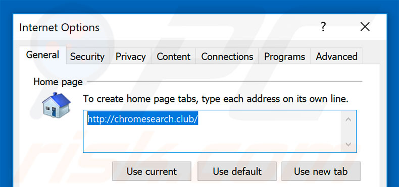 Removendo a página inicial chromesearch.club do Internet Explorer