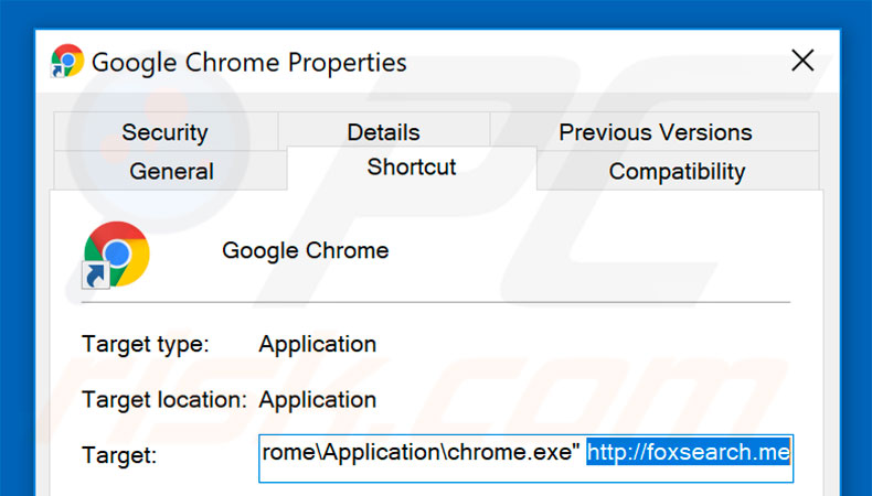 Removendo foxsearch.com do atalho do Google Chrome passo 2