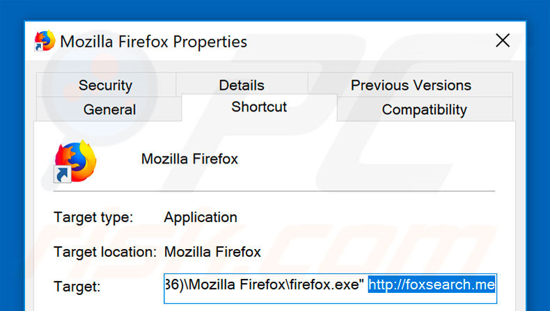 Removendo foxsearch.com do atalho do Mozilla Firefox passo 2