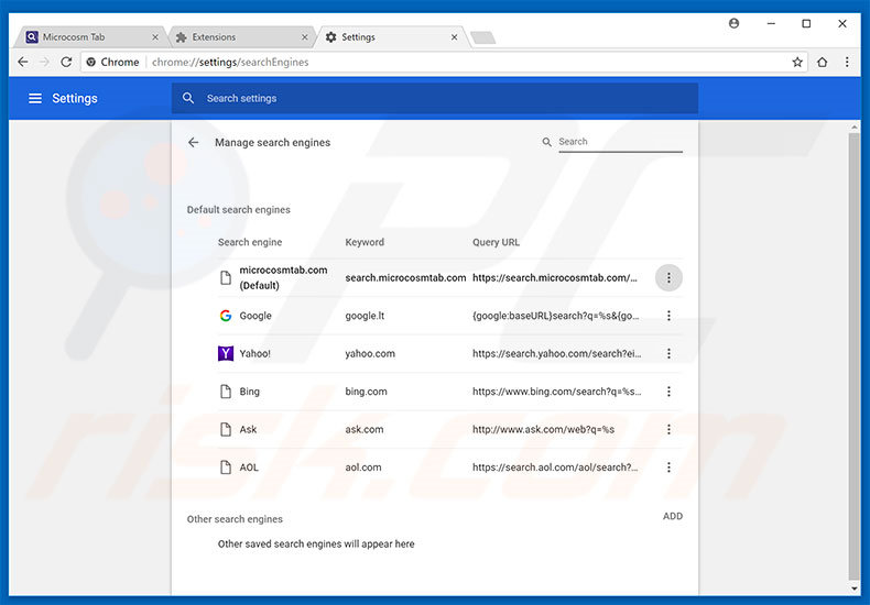 Removendo search.microcosmtab.com do motor de pesquisa padrão do Google Chrome