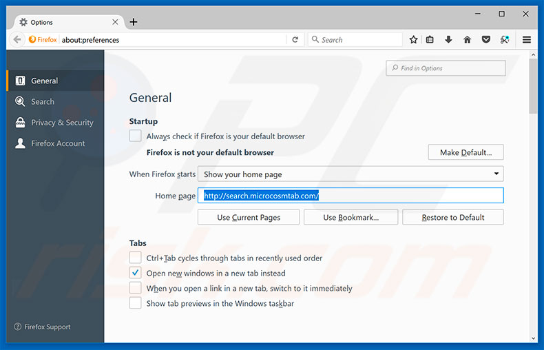 Removendo a página inicial search.microcosmtab.com do Mozilla Firefox