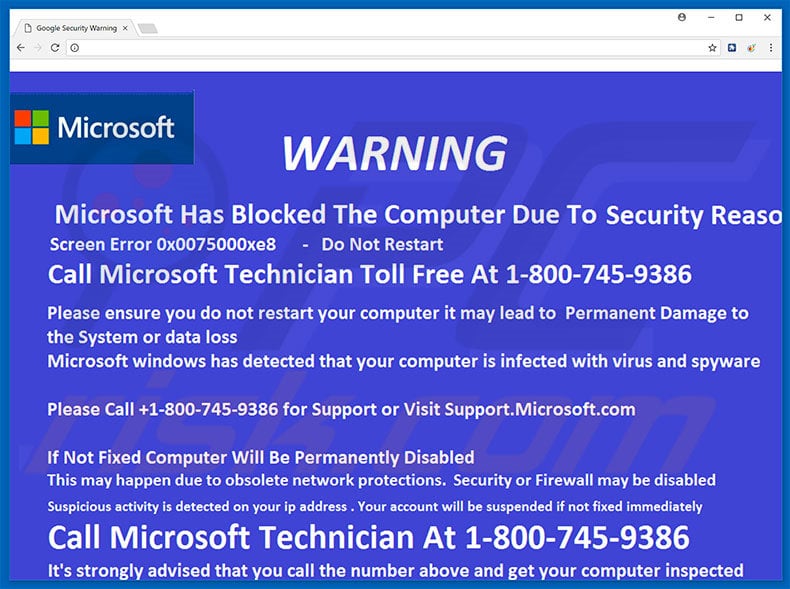 Site a exibir a fraude Microsoft Has Blocked The Computer