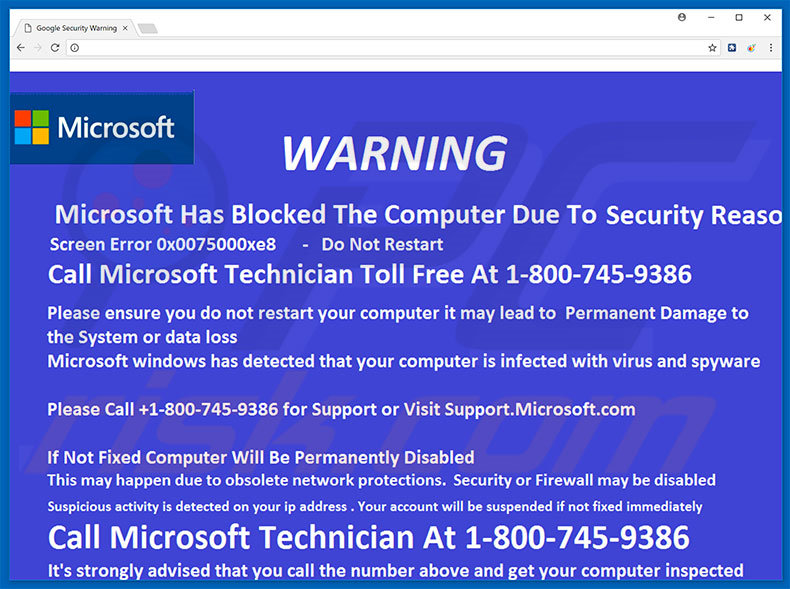 Site a exibir a fraude Microsoft Has Blocked The Computer