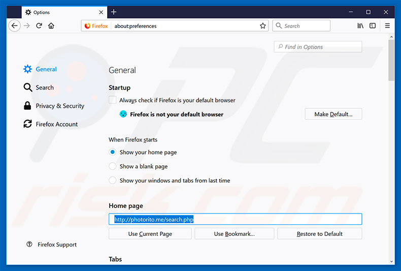 Removendo a página inicial photorito.me do Mozilla Firefox