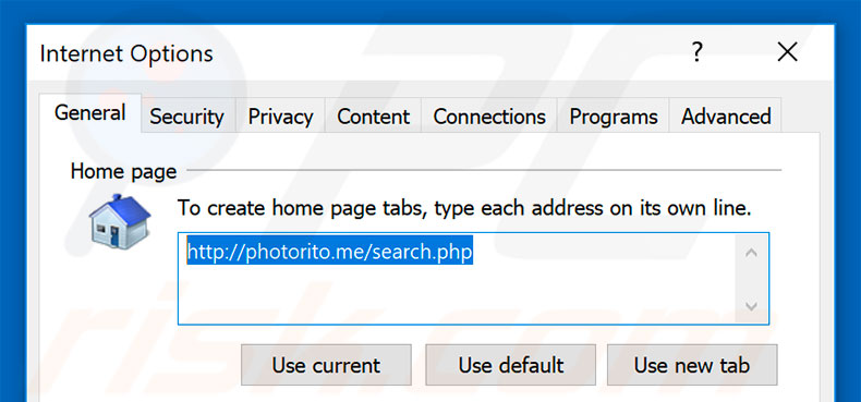 Removendo a página inicial photorito.me do Internet Explorer