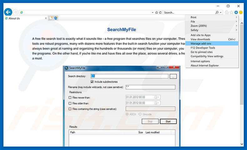 Removendo os anúncios SearchMyFile do Internet Explorer passo 1