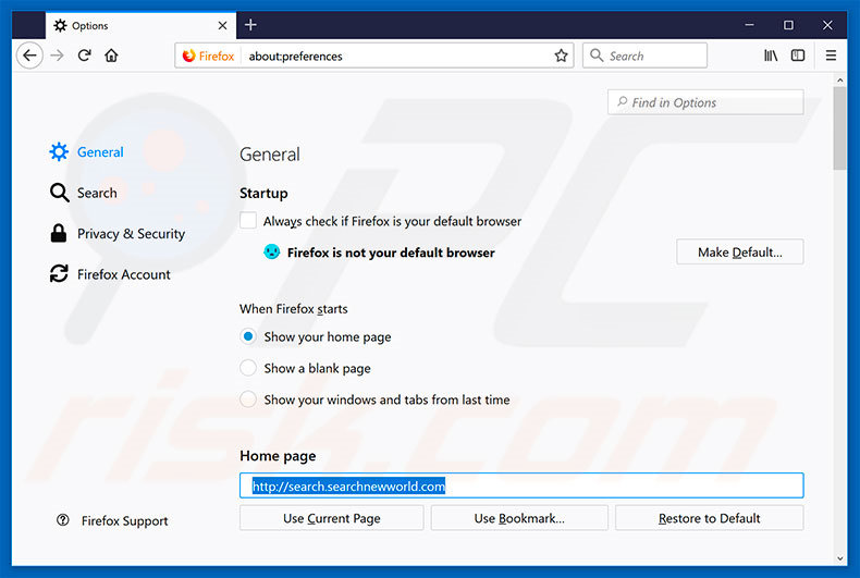 Removendo searchnewworld.com da página inicial do Mozilla Firefox