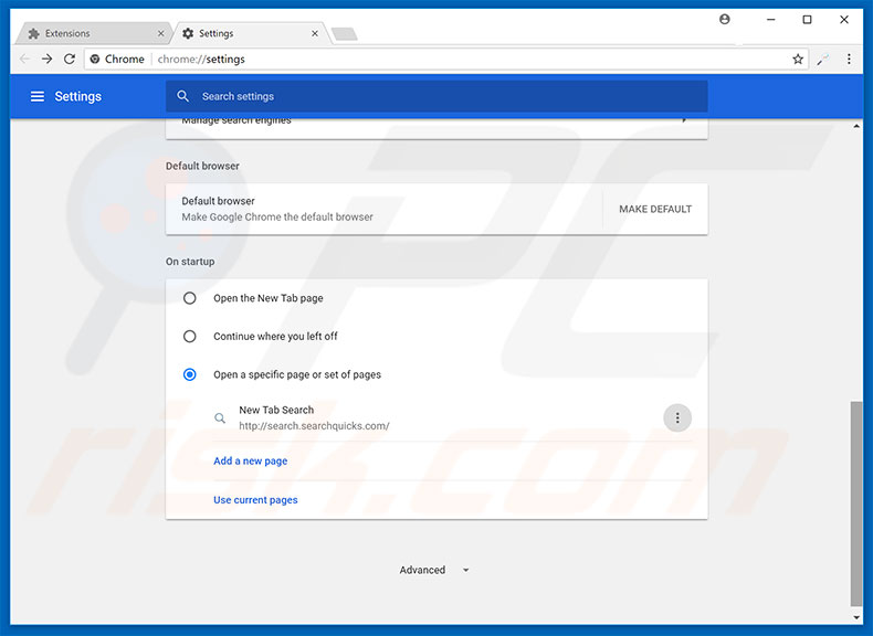 Removendo a página inicial search.searchquicks.com do Google Chrome