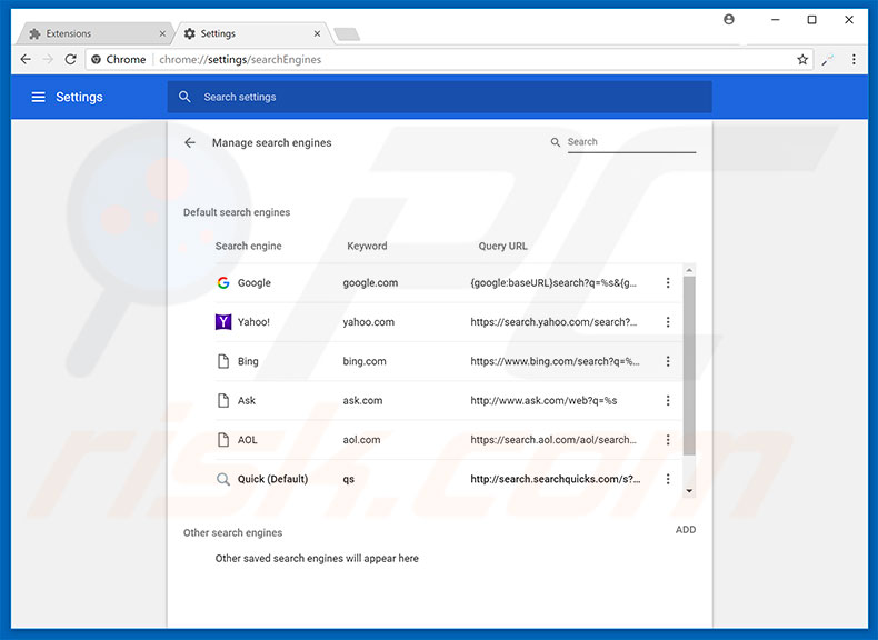Removendo search.searchquicks.com do motor de busca padrão do Google Chrome