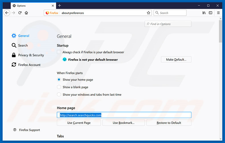 Removendo a página inicial search.searchquicks.com do Mozilla Firefox