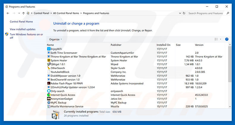 desinstalar o adware WANNACRY DETECTED via Painel de Controlo