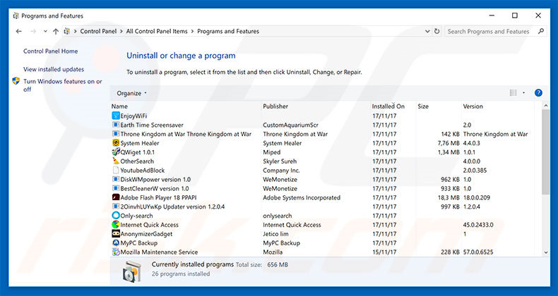 Desinstalar o adware Windows Detected ZEUS Virus via Painel de Controlo