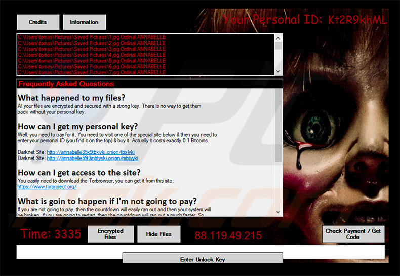 Mensagem de pedido exigente do ransomware ANNABELLE