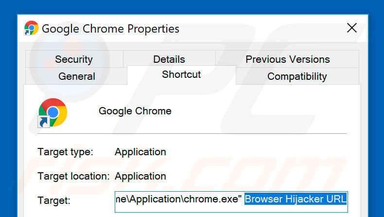 Removendo o sequestrador de navegador do atalho do Google Chrome passo 2