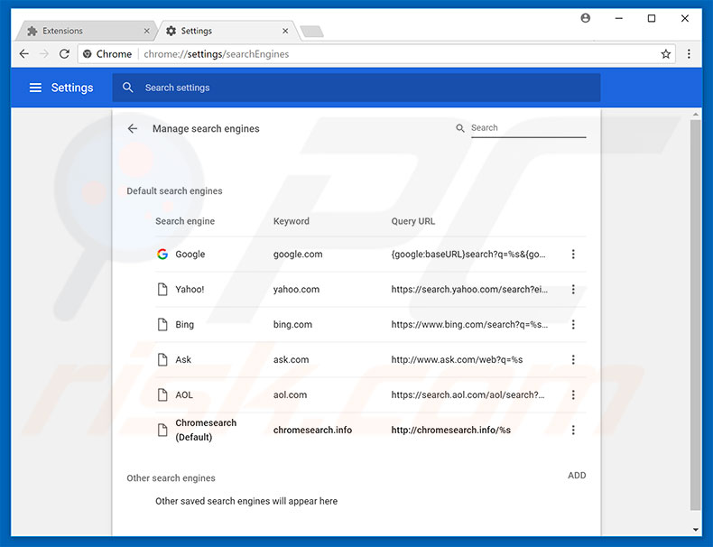 Removendo chromesearch.info do motor de pesquisa padrão do Google Chrome