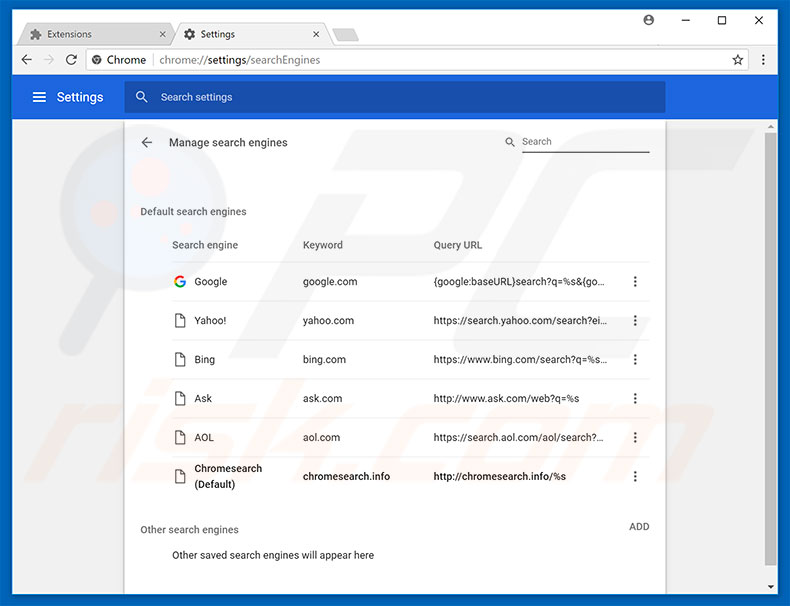 Removendo chromesearch.info do motor de pesquisa padrão do Google Chrome