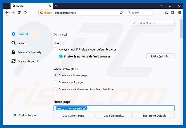 Removendo a página inicial chromesearch.info do Mozilla Firefox