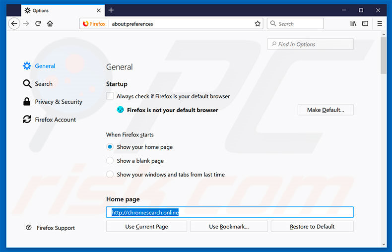 Removendo a página inicial chromesearch.online do Mozilla Firefox