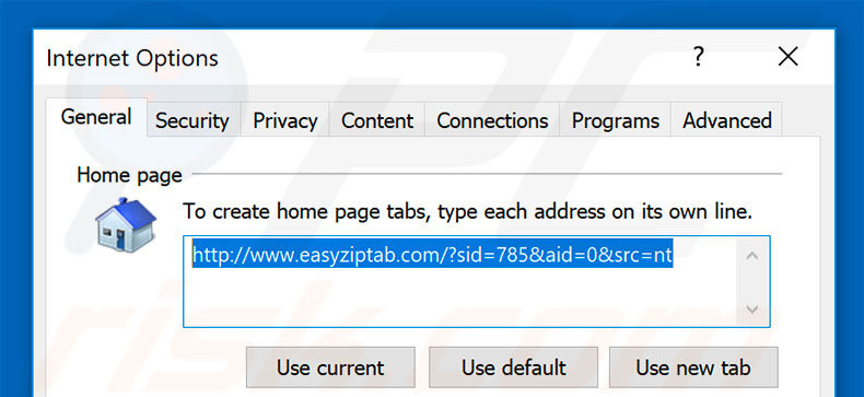 Removendo easyziptab.com da página inicial do Internet Explorer