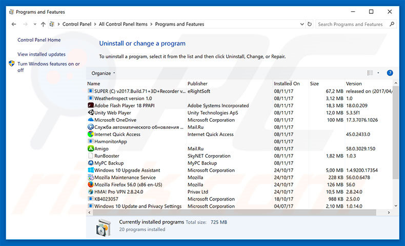 desinstalar o sequestrador de navegador via Painel de Controlo