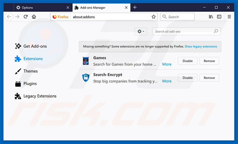 Removendo as extensões do Search.hidesearch.bid relacionadas com o Mozilla Firefox