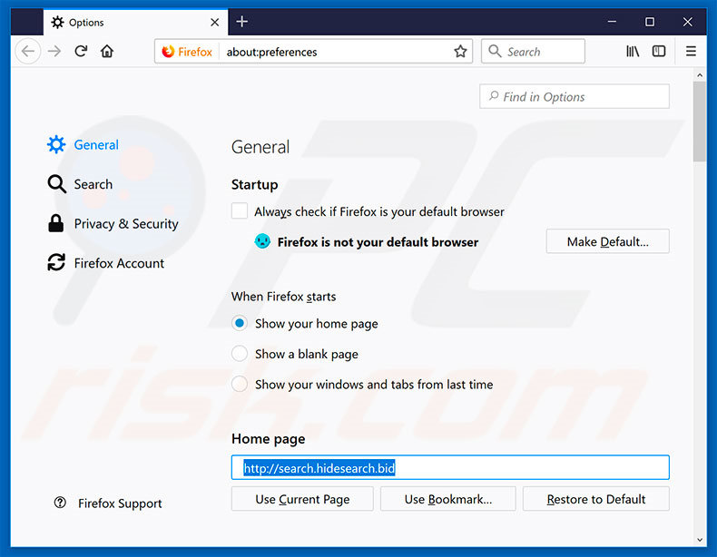 Removendo search.hidesearch.bid da página inicial do Mozilla Firefox