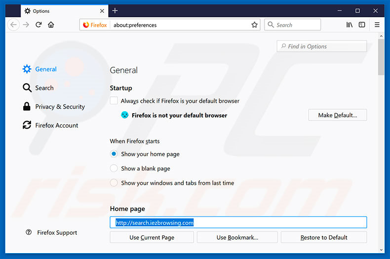 Removendo a página inicial search.iezbrowsing.com do Mozilla Firefox