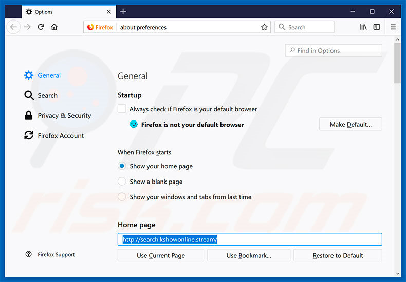 Removendo a página inicial search.kshowonline.stream do Mozilla Firefox