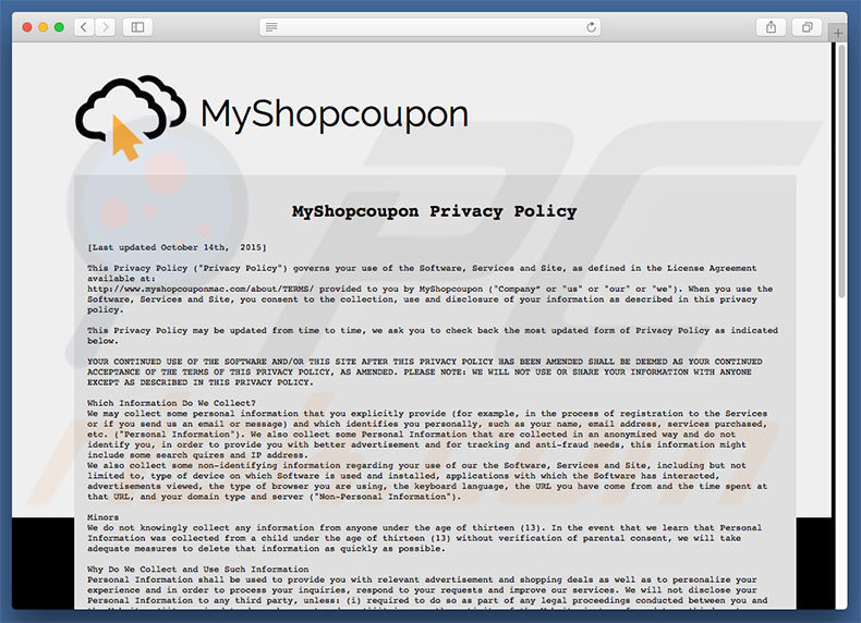 Política de privacidade do adware MyShopcoupon