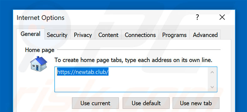 Removendo a página inicial newtab.club do Internet Explorer