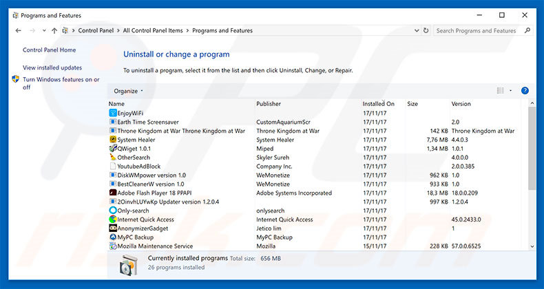 desinstalar o adware Skype Virus via Painel de Controlo