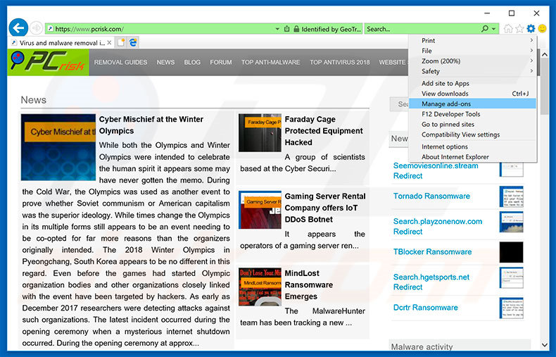 Removendo os anúncios de VIRUS ALERT FROM MICROSOFT do Internet Explorer passo 1