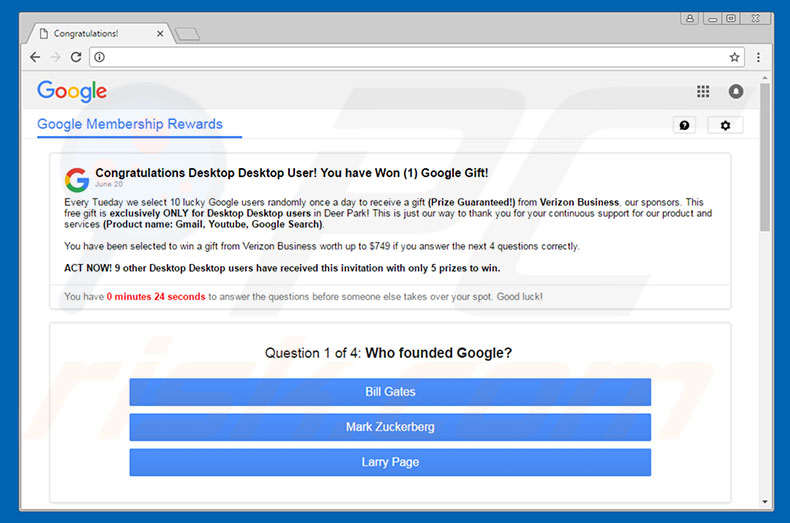 Adware You Have Won A Google Gift