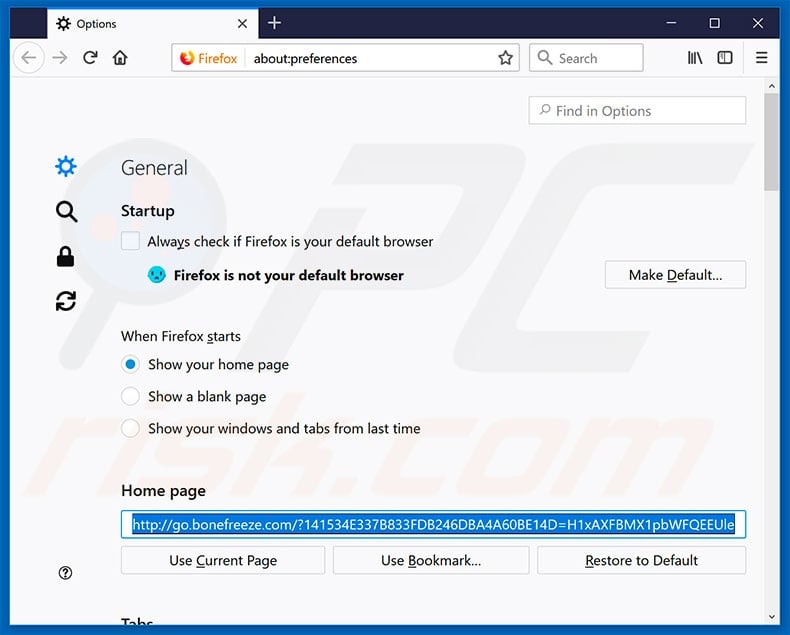 Removendo a página inicial go.bonefreeze.com do Mozilla Firefox