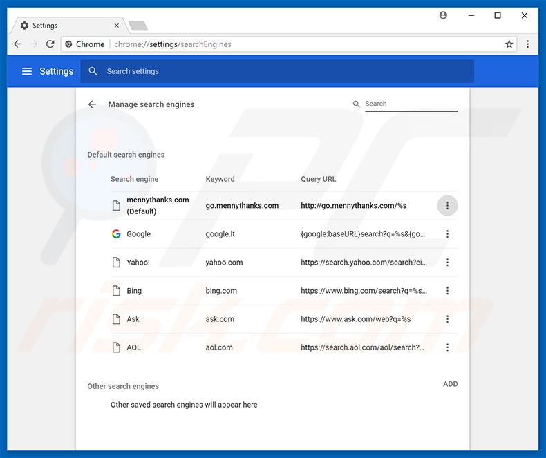 Removendo go.mennythanks.com do motor de pesquisa padrão do Google Chrome