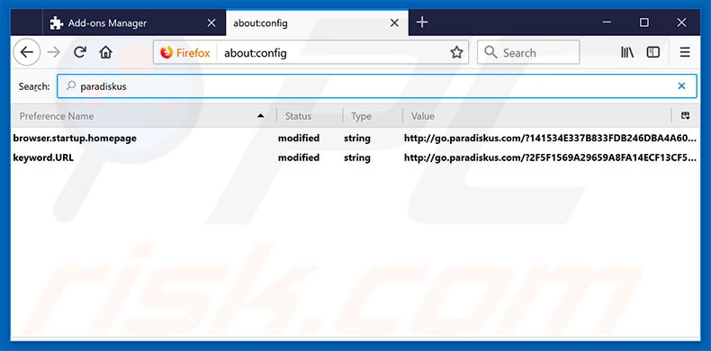 Removendo go.paradiskus.com do mecanismo de pesquisa padrão do Mozilla Firefox