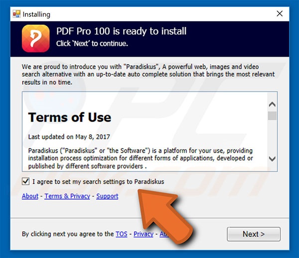 Configuração da instalação do sequestrador de navegador oficial PDF Pro 100