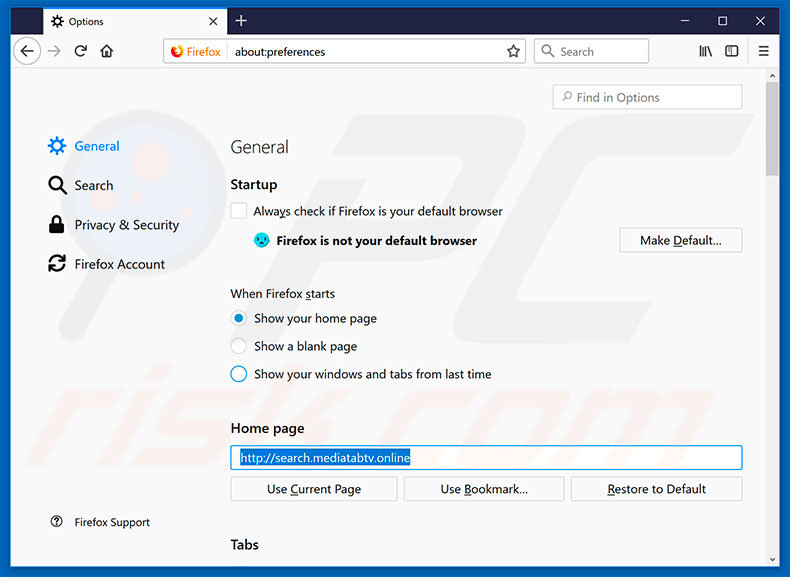 Removendo a página inicial search.mediatabtv.online do Mozilla Firefox
