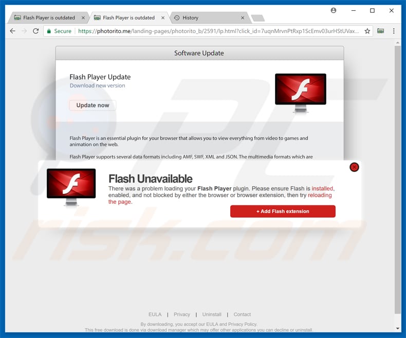 Extensão de Photorito promovida através de pop-ups falsos de atualização de flash player