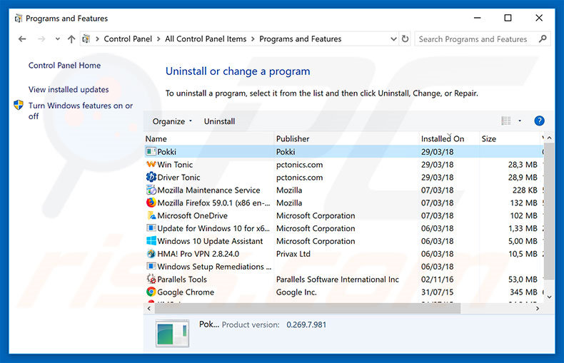 Pokki adware desinstalar através do Painel de Controlo