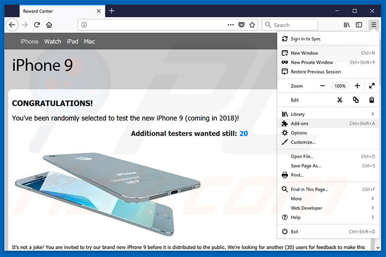 Removendo os anúncios You've Been Selected To Test iPhone 9 do Mozilla Firefox passo 1