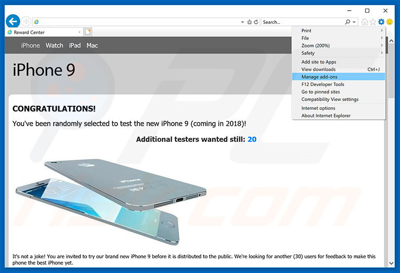 Removendo os anúncios You've Been Selected To Test iPhone 9 do Internet Explorer passo 1