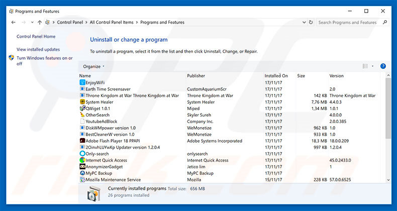 desinstalar o adware Your Windows Computer Is Infected With (4) Viruses! via Painel de Controlo