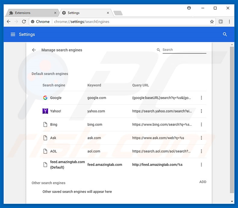 Removendo feed.amazingtab.com do motor de pesquisa padrão do Google Chrome