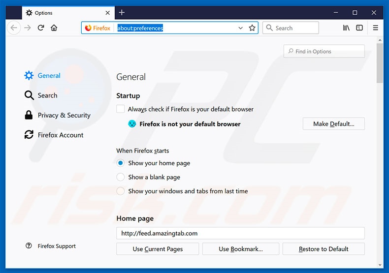 Removendo a página inicial feed.amazingtab.com do Mozilla Firefox