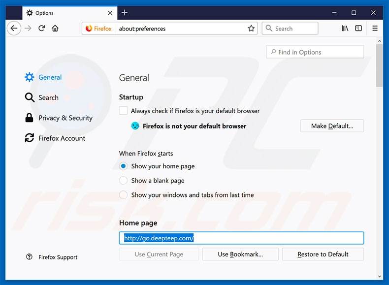 Removendo a página inicial go.deepteep.com do Mozilla Firefox
