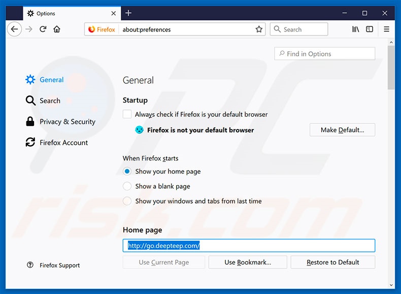 Removendo a página inicial go.deepteep.com do Mozilla Firefox